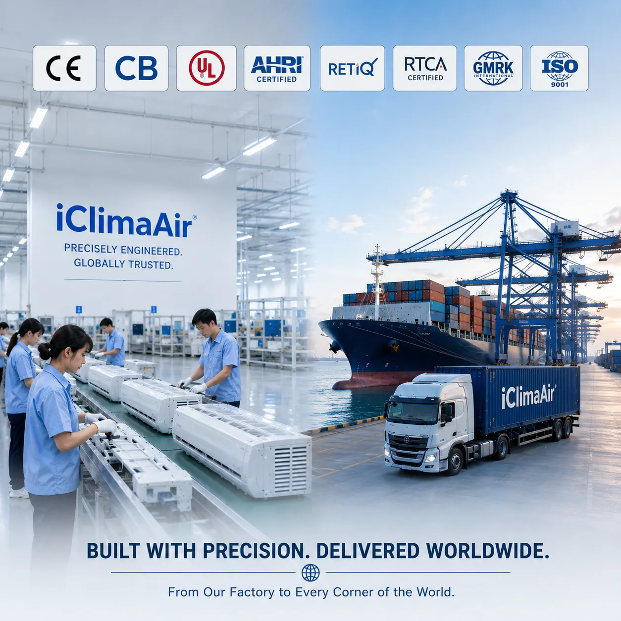 iClima manufacturing plant exterior — certified air conditioner production facility