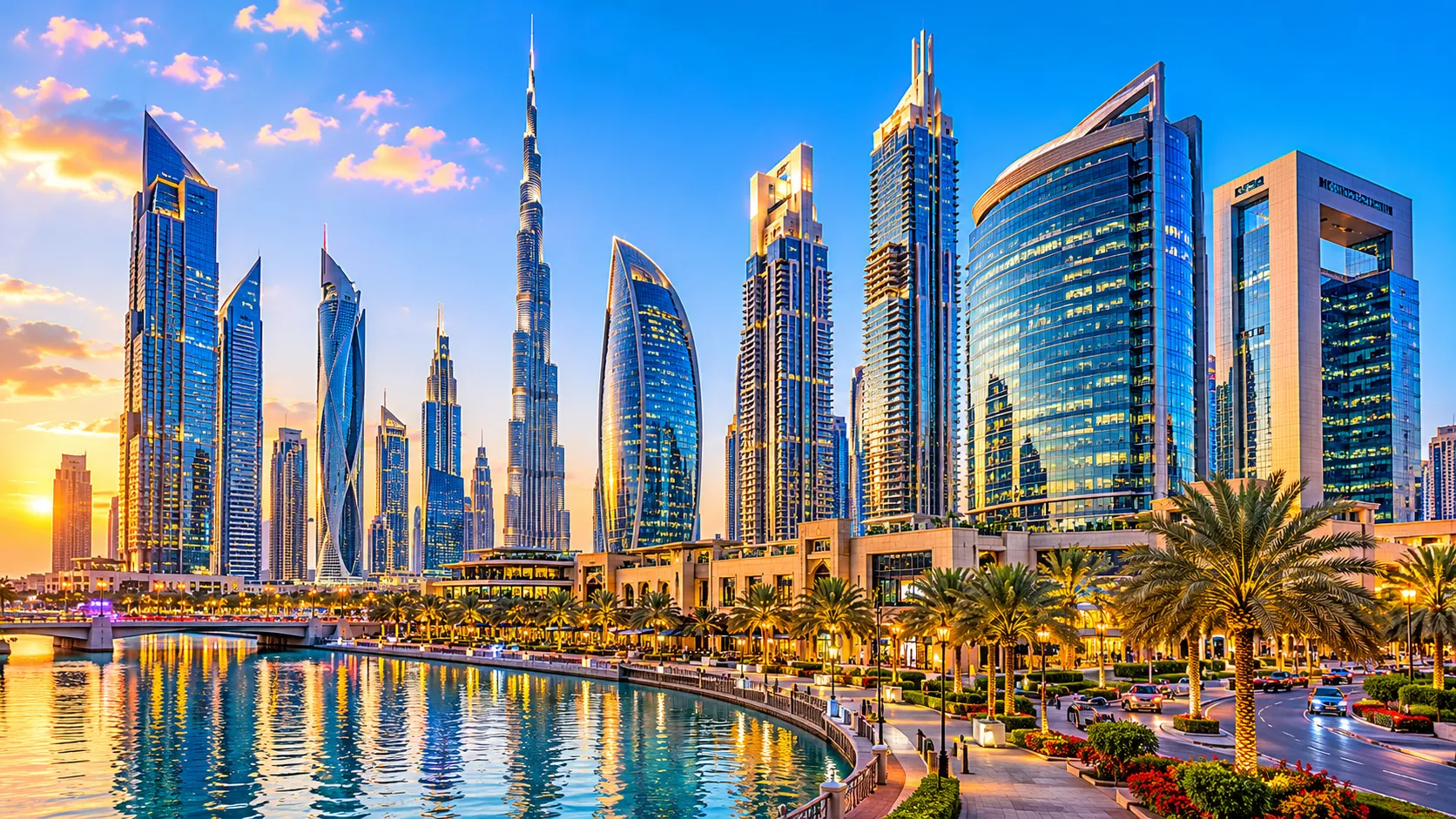 Modern glass skyscrapers in a Middle Eastern business hub